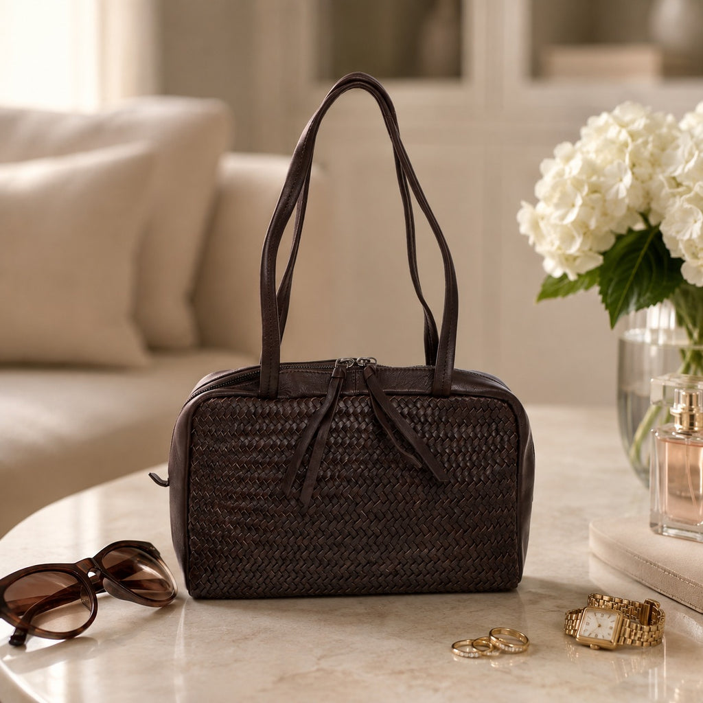Rehard Dark Brown Leather Woven Bowling Bag