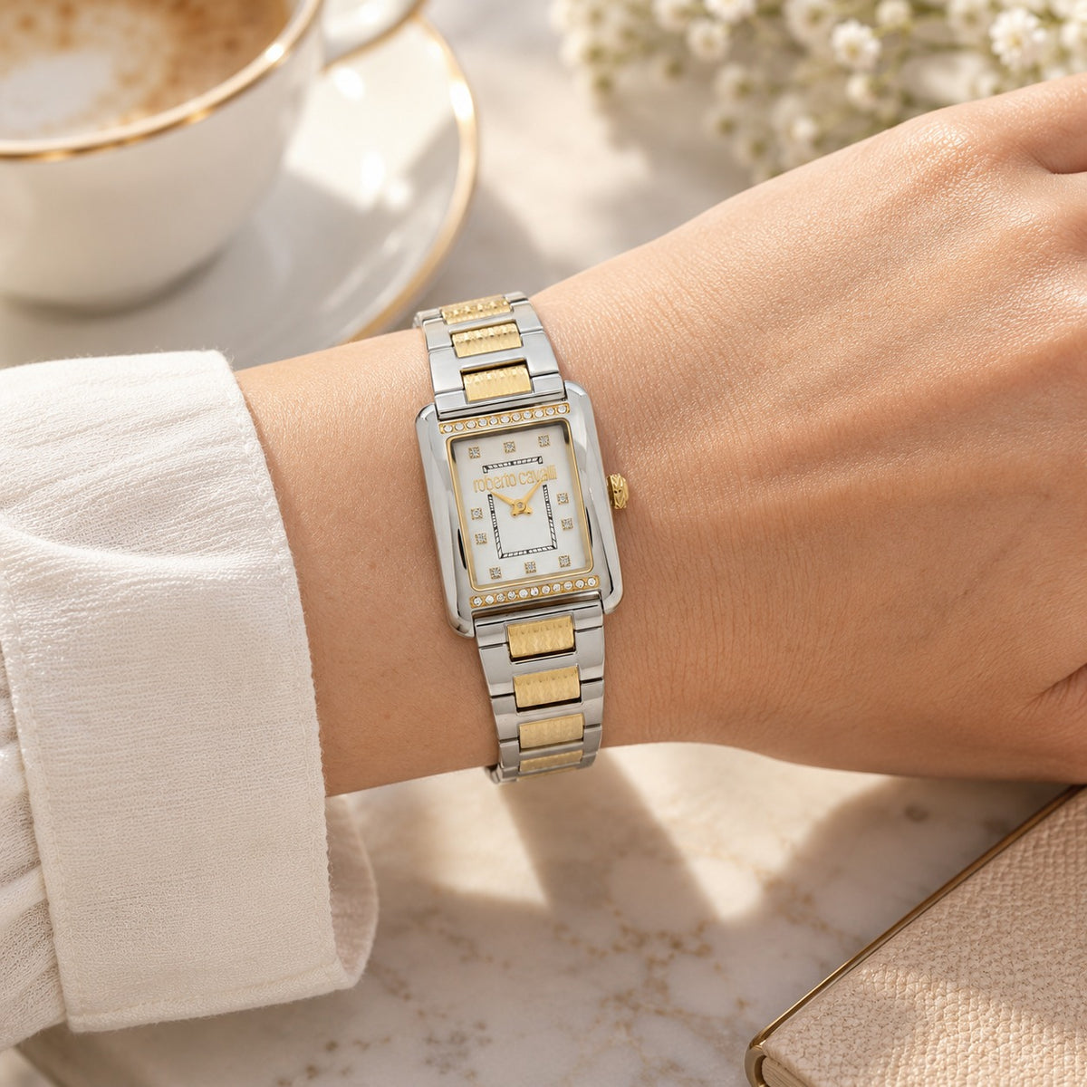 Roberto Cavalli Silver & Gold Watch, Rectangular Crystal