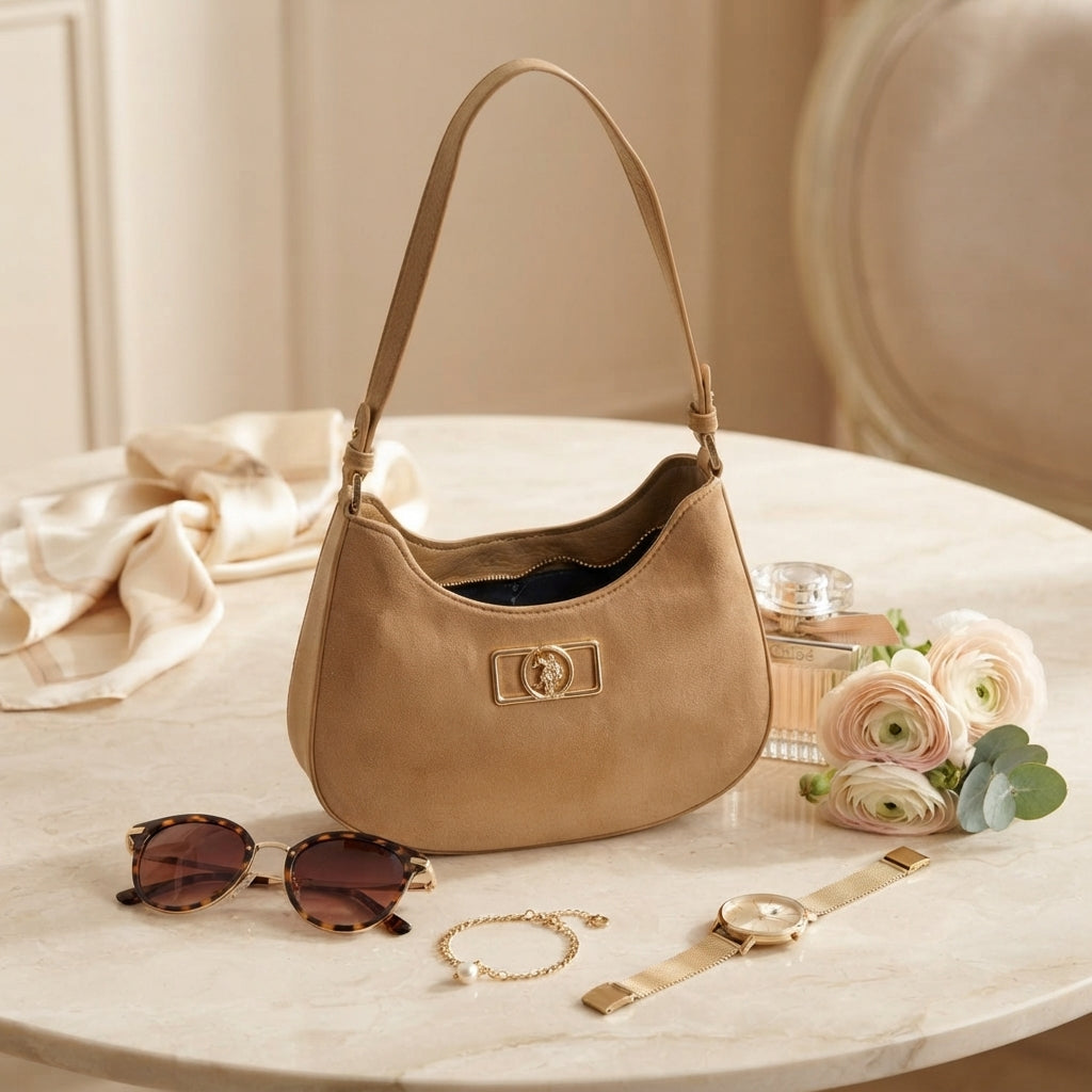 U.S. Polo Assn. Tan Brown Faux Suede Shoulder Bag