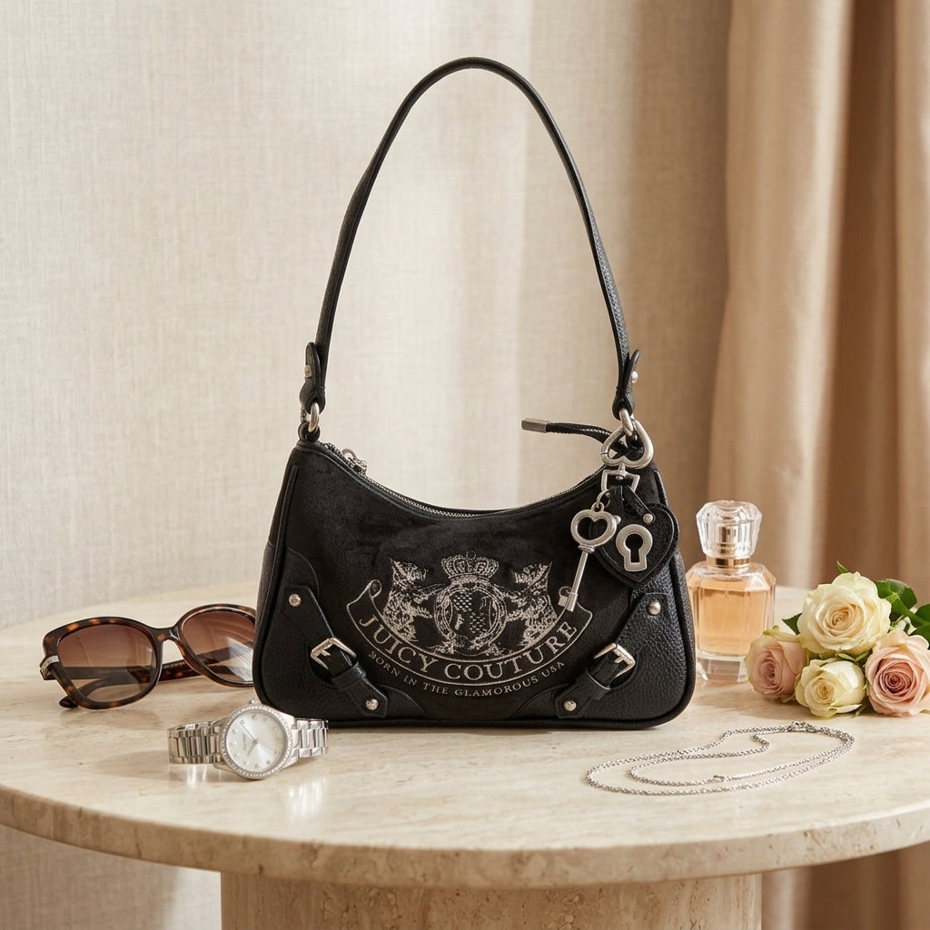 Juicy Couture Black Hobo Bag, Velour Crest Logo