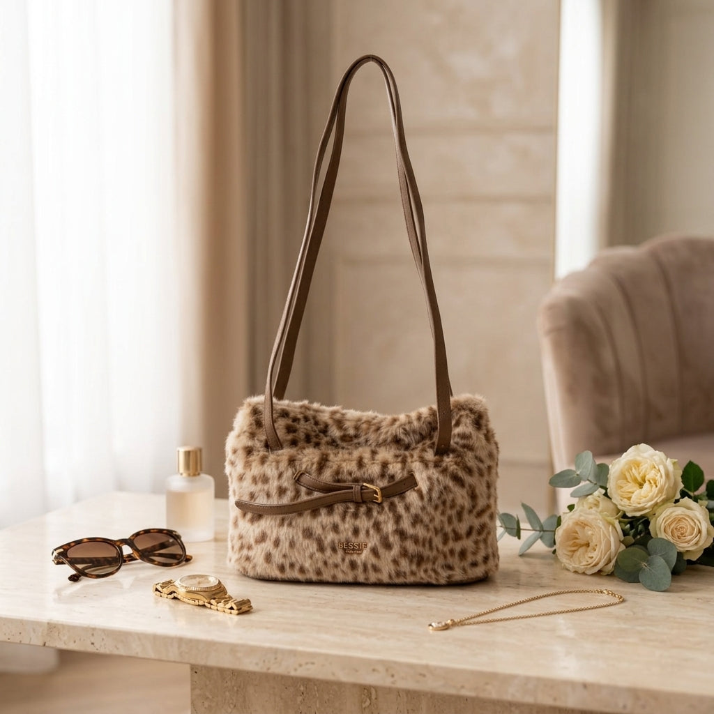 Bessie London Beige Faux Fur Animal Pattern Shoulder Bag