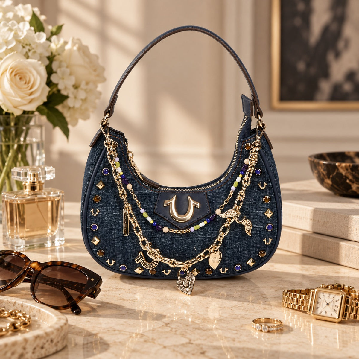 True Religion Blue Studded Denim Shoulder Bag
