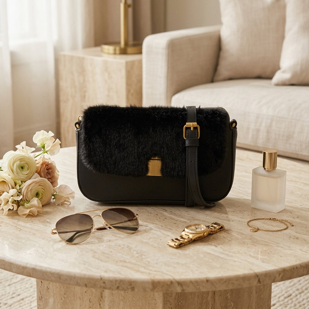 Bessie London Black Faux Fur Crossbody Bag