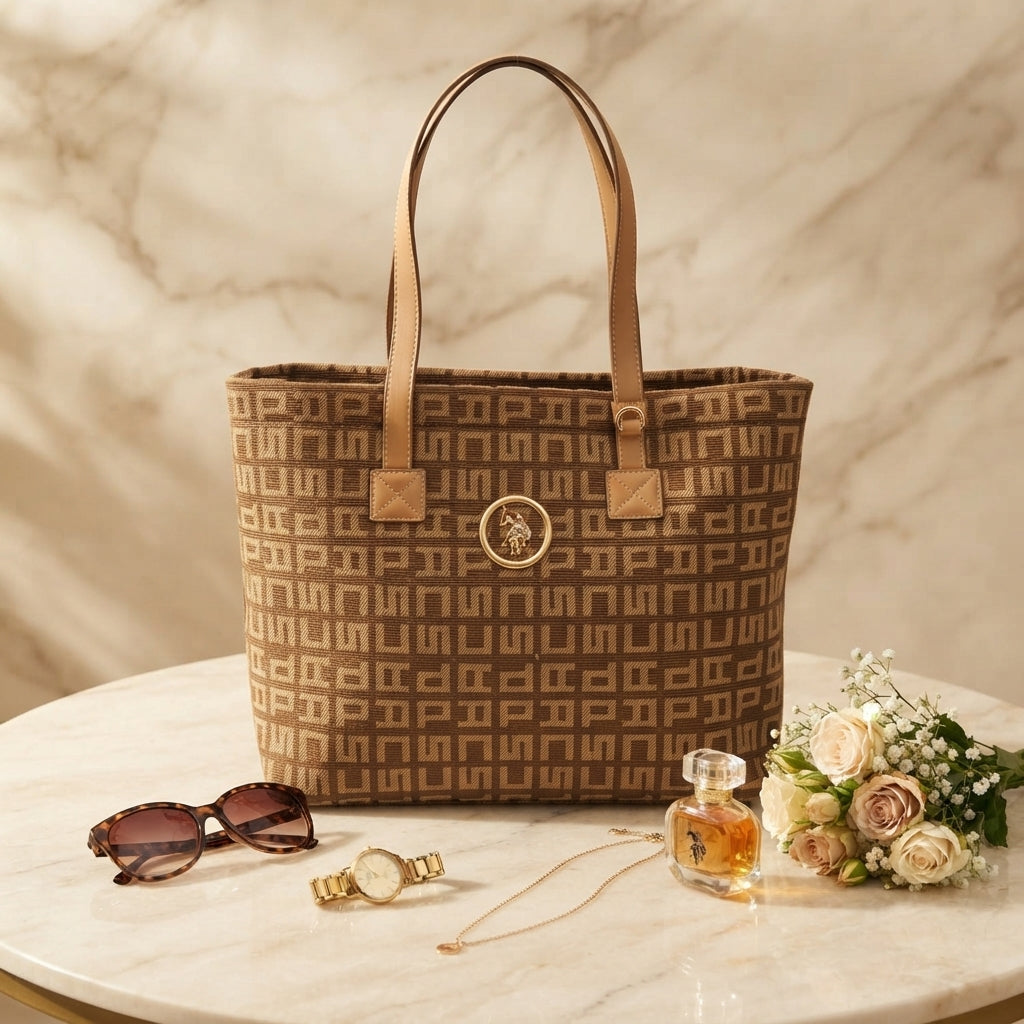 U.S. Polo Assn. Brown Jacquard Tote Bag