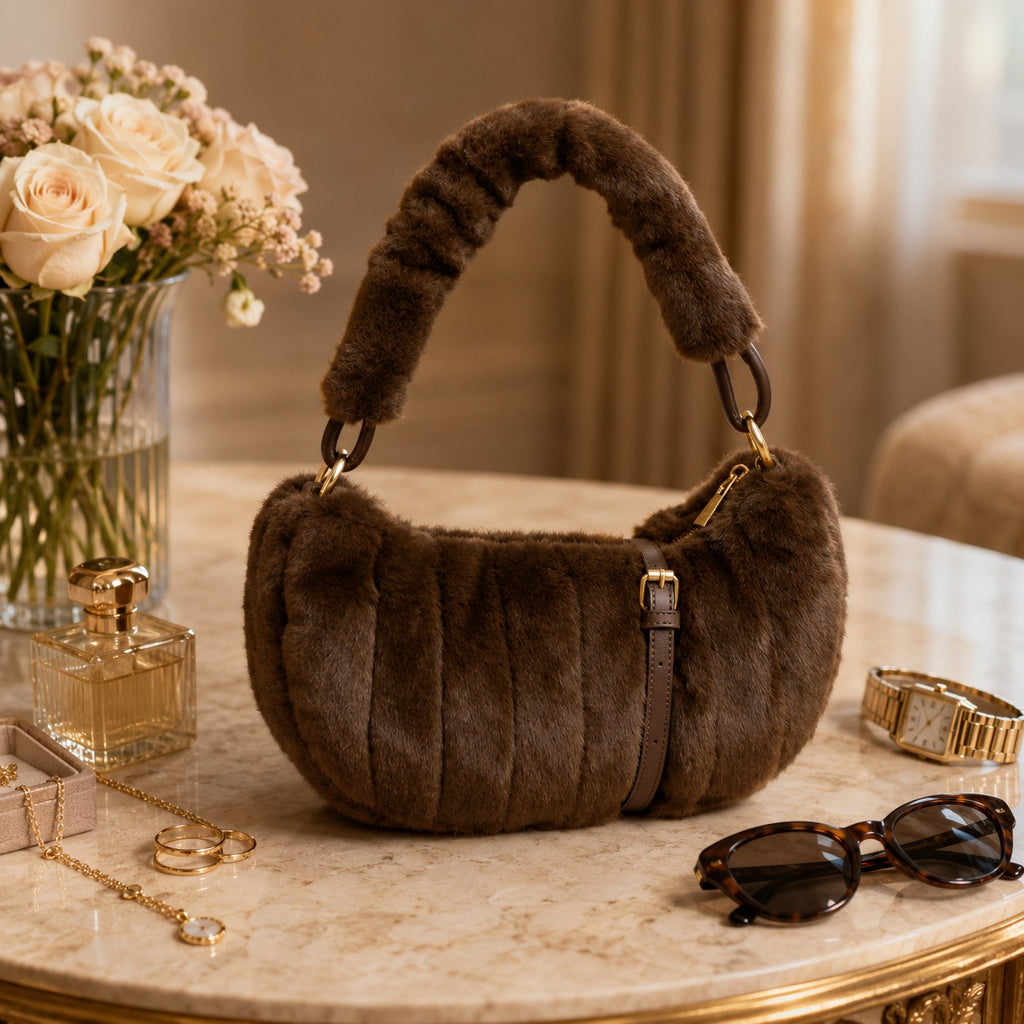 Bessie London Brown Faux Fur Shoulder Bag