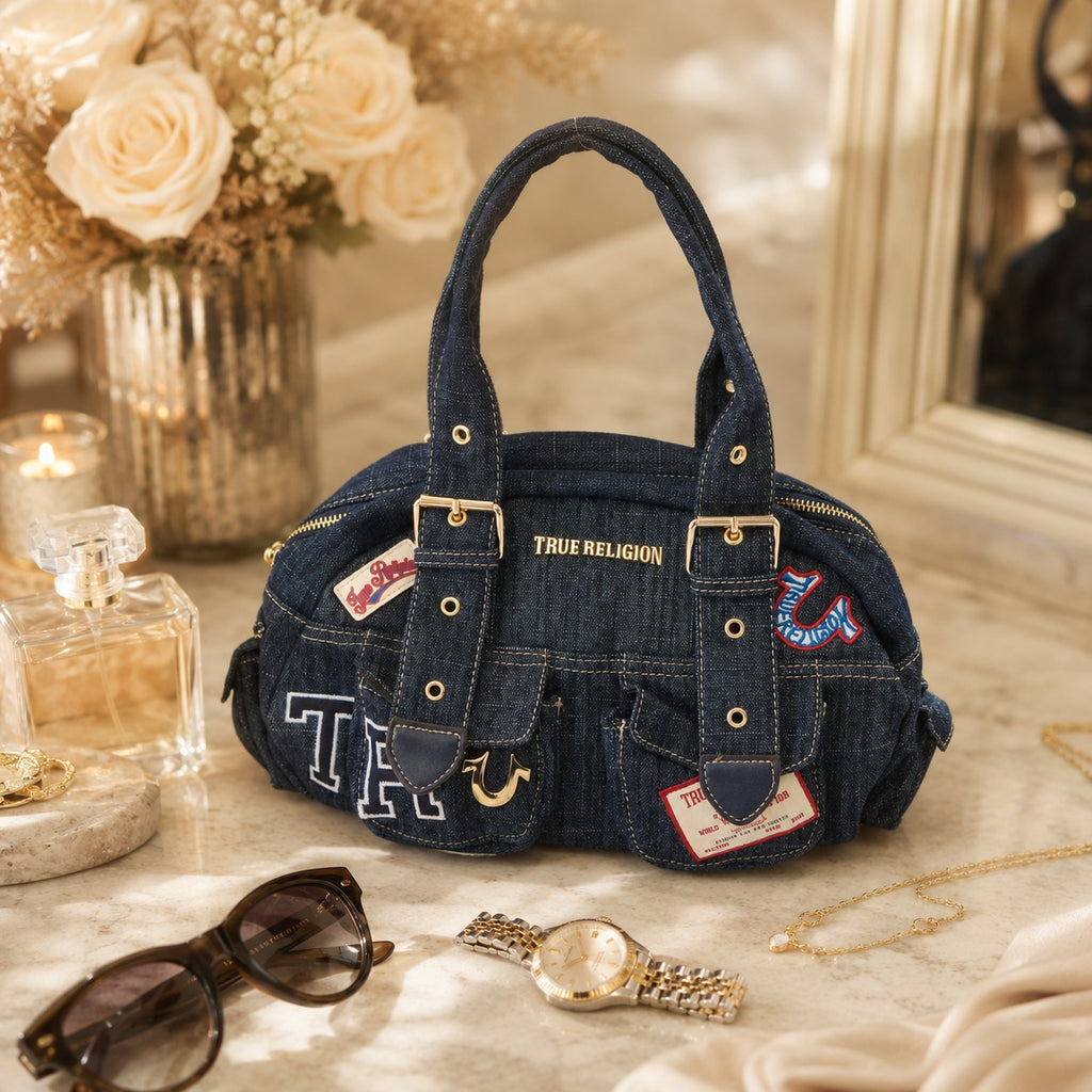 True Religion Blue Denim Multi Patch Shoulder Bag