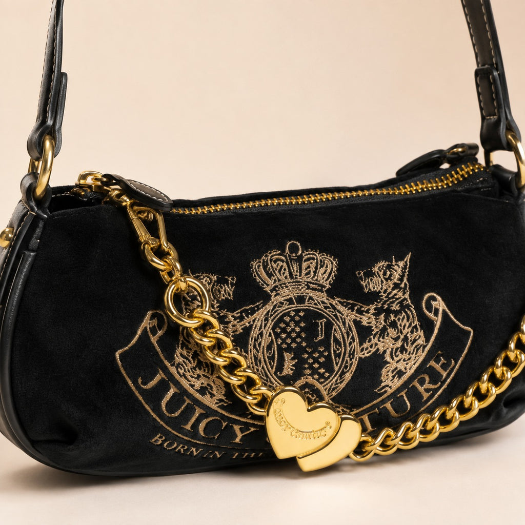 Juicy Couture Black Twig Narrative Small Velvet Hobo Cross Body Bag